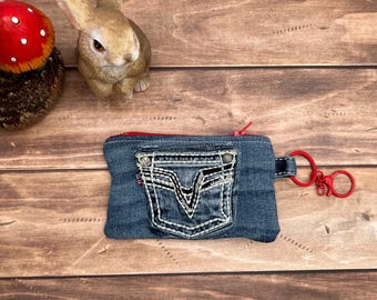 Upcycled denim Keychain Wallet Zipper Coin Pouch with Key Ring Fabric Key Fob Small Wallet for Keys & Cards