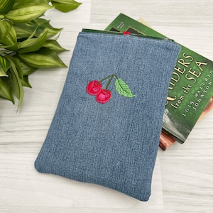 Kindle cover Upcycled Denim Book Sleeve with Cherry Embroidery, tablet E reader cover, journal planner pouch kindle case