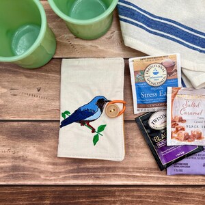 Tea bag organizer bluebird embroidery, Tea bag wallet, tea lovers gift ,tea party gift, bird lovers gift, 50th birthday gift