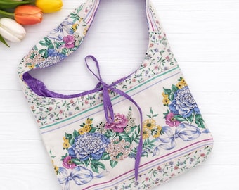 Tote bag Upcycled Vintage Tablecloth Handmade Floral Shoulder Tote Sustainable Cottagecore Purse teacher tote bag