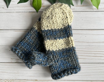chunky knit mittens, natural blue and beige mittens, adult size medium