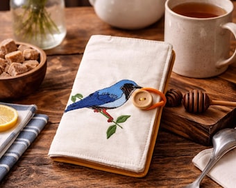 Tea Wallet Organizer with Blue Bird Embroidery – Fabric Tea Holder, Reusable ladies wallet, Tea Lover Gift, Cottagecore Accessory