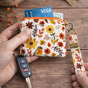 Floral Bird Keychain Wallet Zipper Coin Pouch with Key Ring Fall Fabric Key Fob Small Wallet for Keys & Cards