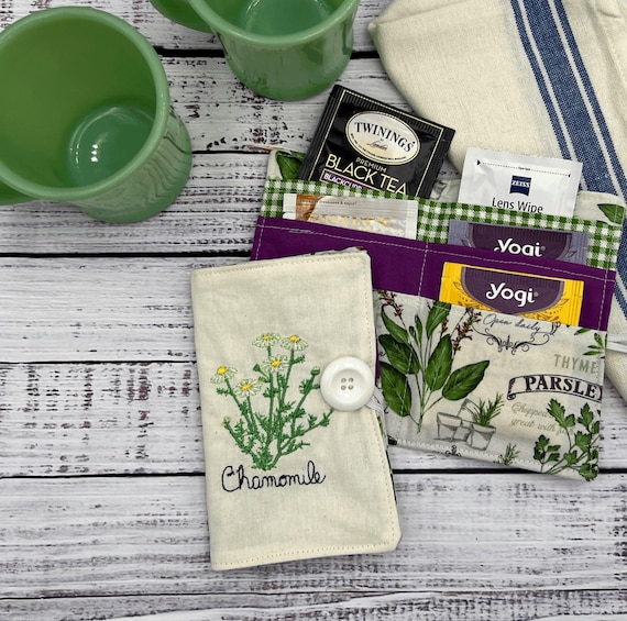 Tea wallet chamomile Tea bag organizer fabric chamomile embroidery tea lovers gift tea party gift tea lovers  gift 60th birthday gift