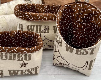 Homedecor cowboy themed fabric baskets, boy nursery decor, kids western wall decor, baby in bloom, western bridal shower boots on the ground