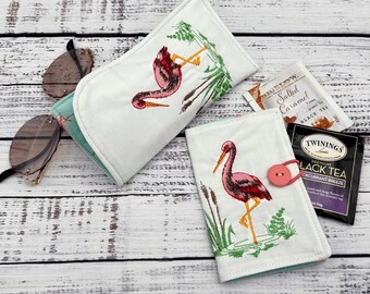 Tea Wallet sunglasses case set Pink flamingos vintage embroidery teacher appreciation tea holder co worker gift bus driver gift