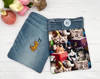 Cat Kindle sleeve padded  Book Sleeve with pocket  tablet reader cover, journal planner pouch movie journal Bible cover reading log case