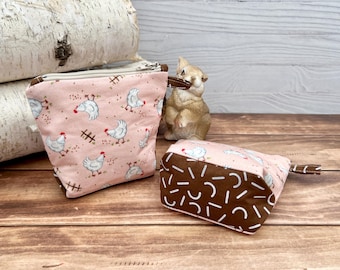 Mini Handmade edc pouch small travel zipper pouch, soft cosmetic holder, cute coin purse farmhouse Chicken lover gift