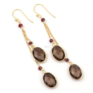 Natural Smoky Quartz , Garnet Wire Wrapped Earring, 925 Sterling Silver Earring, Long Earring, Gold Plated Smoky Earring Jewelry For Gifts