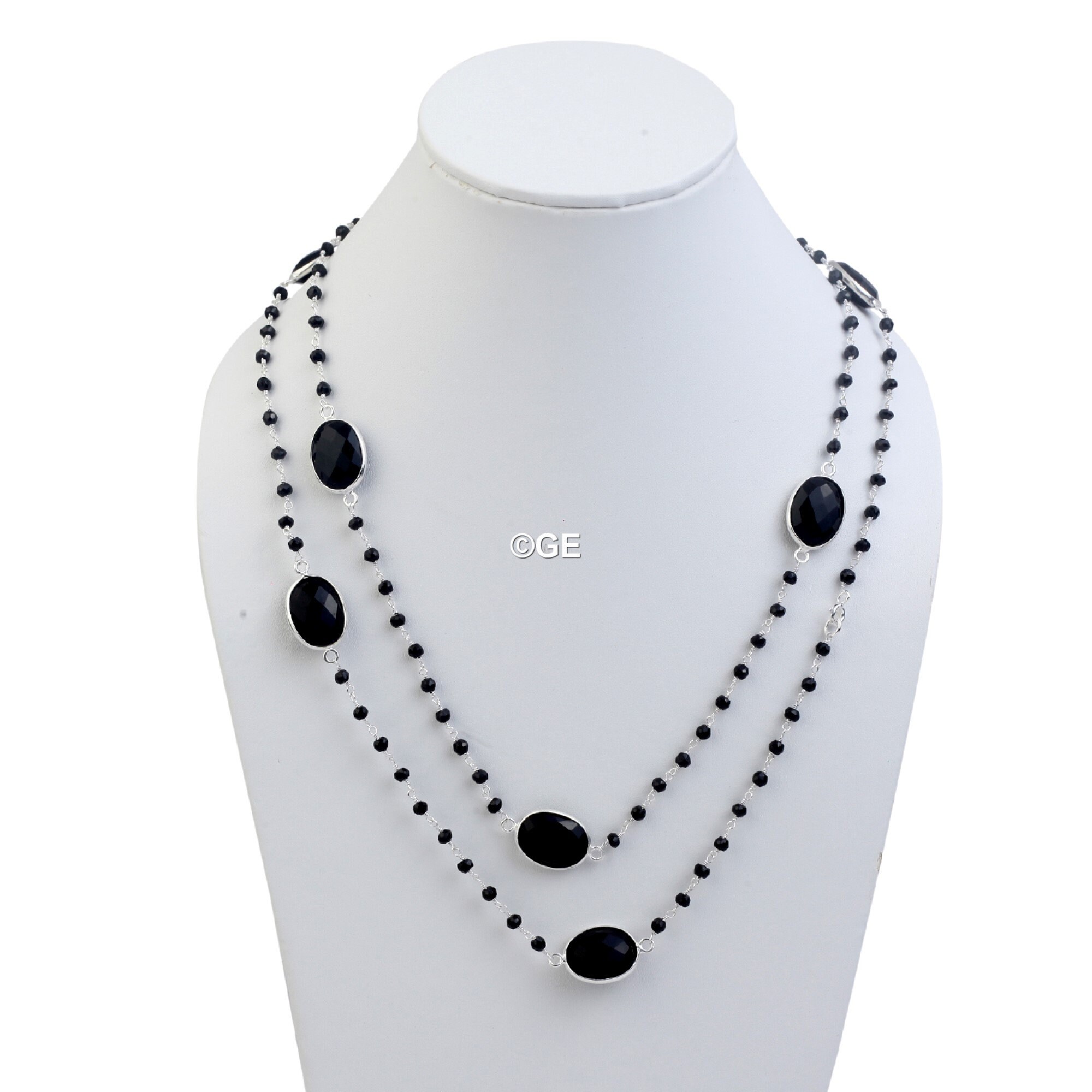 ブラックオニキスロザリオネックレス：ベゼルセット、925