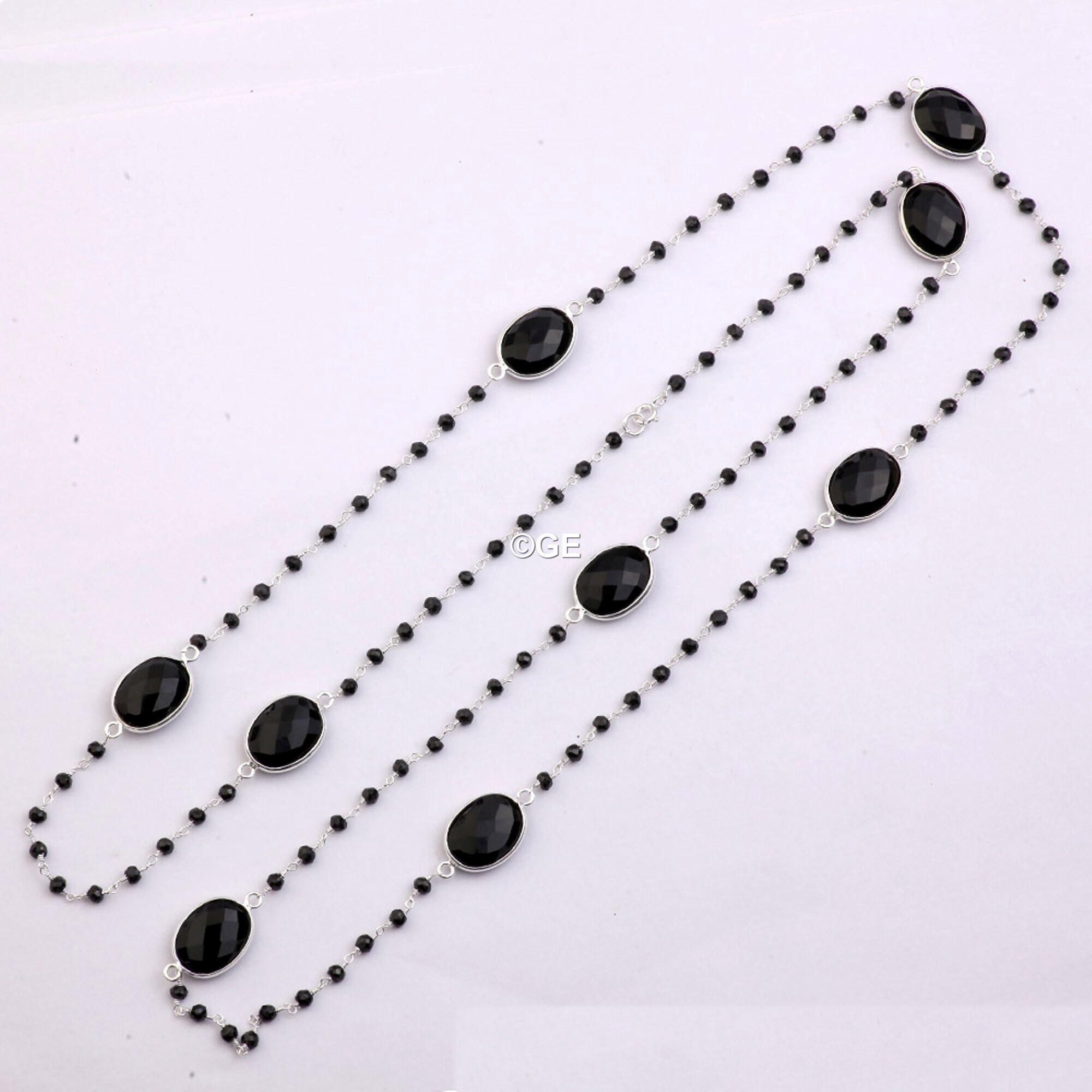 ブラックオニキスロザリオネックレス：ベゼルセット、925