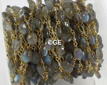 Labradorite Wire Wrapped Briolette Rosary Chain, 2mm Gold Plated Blue Fire Labradorite Gemstone Necklace Chain, 5-6mm Labradorite Connectors