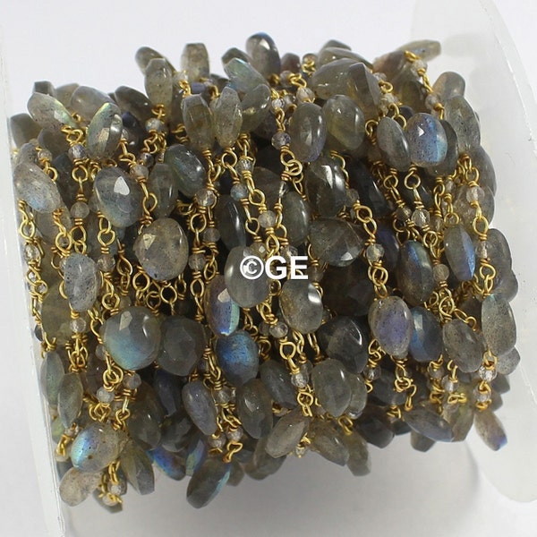 Labradorite Wire Wrapped Briolette Rosary Chain, 2mm Gold Plated Blue Fire Labradorite Gemstone Necklace Chain, 5-6mm Labradorite Connectors