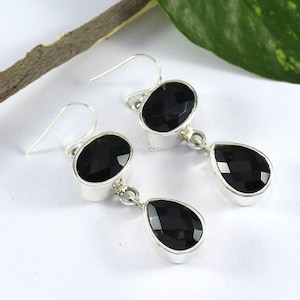 Two Tier Black Onyx Earring, Long Black Onyx Earring, Faceted Dangle Natural Stone, Birthday Gift, Mother&#39;s day Gift, Women&#39;s Gift Jewelry