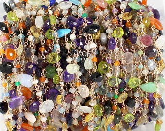 Multi Stone Wire Wrapped Briolette Rosary Chain, 7-8mm Multi Stone Rosary Beaded Chain, Gemstone Connector Rosary Chain in Brass Rosary