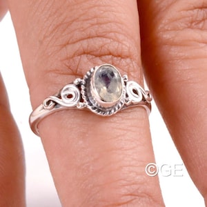 Oval Rainbow Moonstone Ring: Sterling Silver Minimalist June Birthstone