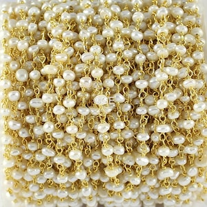White Sea Pearl Gold Plated Wire Wrapped Rosary Beaded Plain Chain, 3-4 MM White Pearl Round Beaded Rosary Style Chain, Connector Link Chain