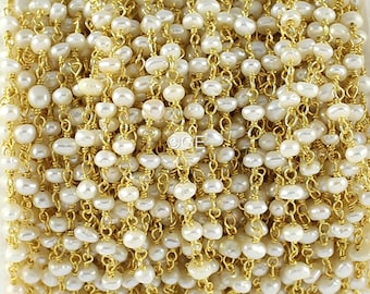 White Pearl Rosary Chain: Gold Plated Wire Wrapped Beaded Connector