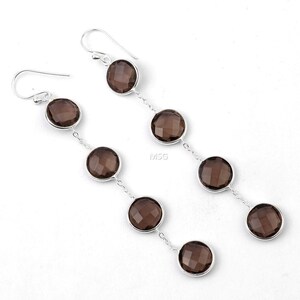 Smoky Quartz Sterling Silver Earrings: Round Checker Cut Gemstone