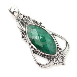Marquise Dyed Emerald Pendant: Sterling Silver May Birthstone Necklace