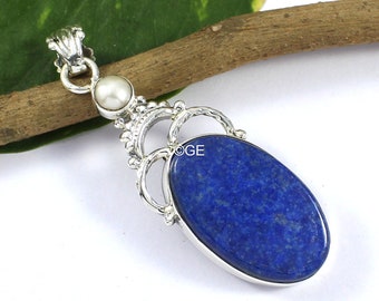 Colgante de lapislázuli y perla, collar vintage de plata de ley 925, joyería de piedras preciosas azules, regalo llamativo