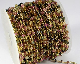 Multi Tourmaline Wire Wrapped Rosary Beaded Chain, 3-4mm Multi Tourmaline Gemstone Connector Rosary Style Chains, Jewelry Finding Chains