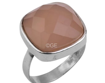 Handmade Rose Chalcedony Ring: 925 Sterling Silver Cushion Gemstone, US 9