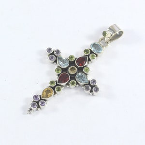 Multi Stone Cross Pendant: Handmade Sterling Silver Jewelry