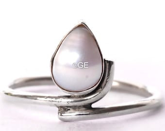 Handcrafted Sterling Silver Ring: White Pear Pearl, June Birthstone