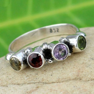 Natural Multi Gemstone Ring, Cut Faceted Amethyst Garnet Peridot Citrine Ring, Multi Gemstone Band Ring, Women&#39;s Gift Ring, Free Shipping