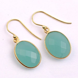 Aqua Chalcedony Earrings: Oval Checker Cut, 925 Silver, Handmade