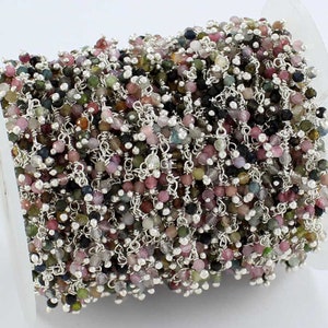 Multi Tourmaline Rosary Chain: Faceted 2mm Wire Wrapped Brass Chain - By Foot