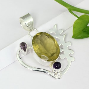 Big Lemon Quartz Pendant, Natural Lemon Quartz Necklace Pendant, 925 Sterling Silver Jewelry, Big Antique Designer Lemon Quartz Pendant