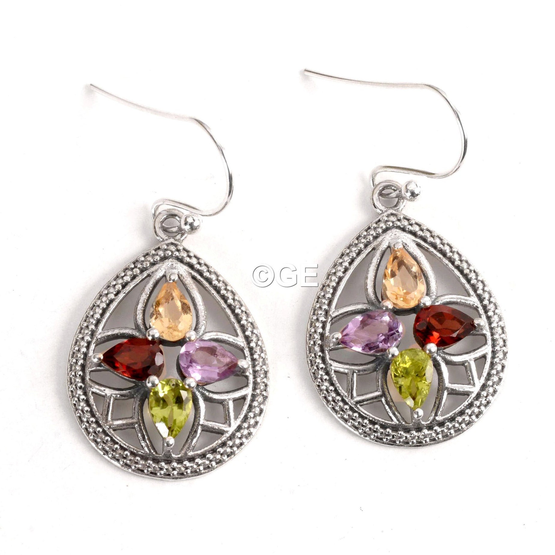 Orecchini A Foglia Di Vite In Argento Sterling 925 Con Granato, Peridoto, Citrino E Ametista – Lunghezza 5 Cm