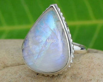 Blue Fire Rainbow Moonstone Ring, Solid 925 Sterling Silver Ring, June Birthstone Ring,Silver Ring , Large Moonstone Ring, Rainbow Stone