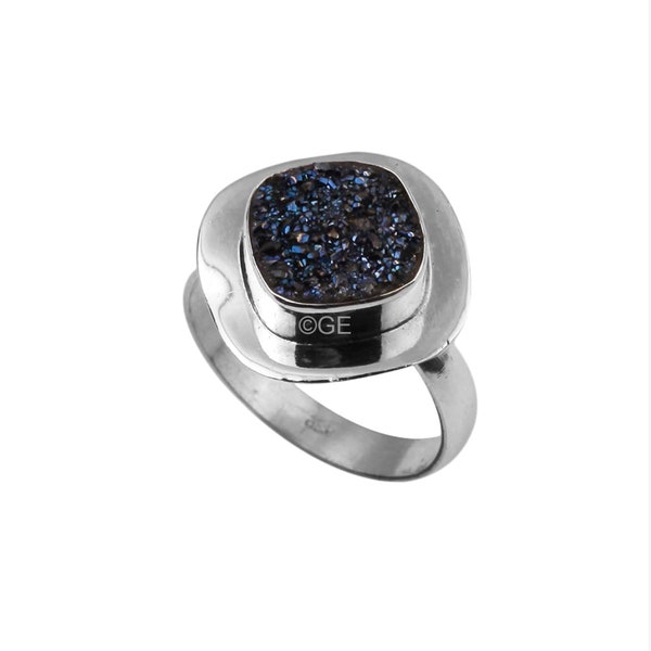 Bague avec pierres précieuses druzy bleues naturelles, bague en argent sterling 925, US8, belle bague tendance pour femme, nouvelle bague tendance, cadeau pour elle