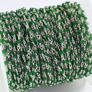 Emerald Rosary Beaded Chain: 2mm Green Gemstone, Brass Wire Wrapped - By Foot
