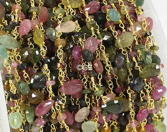 Tourmaline Wire Wrapped Briolette Chain, Multi Tourmaline Rosary Beaded Chain By Foot, Jewelry Making Chains In Brass, Beads Rosary Jewelry