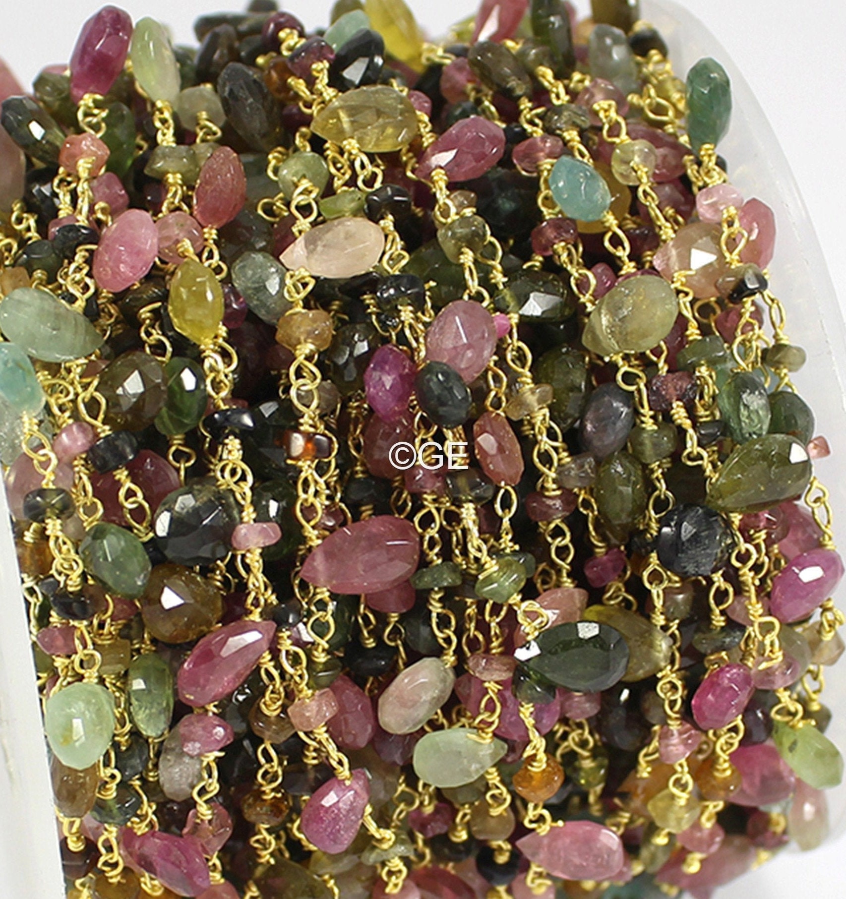Multi Tourmaline Rosary Chain: Brass Wire Wrapped Briolettes, Jewelry Making By Foot
