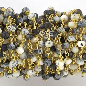 Natural Dendrite Opal Wire Wrapped Rosary Beaded Chain, Gemstone Connector Rosary Style Chains, 3-4mm Dendrite Opal Round Beaded Link Chains