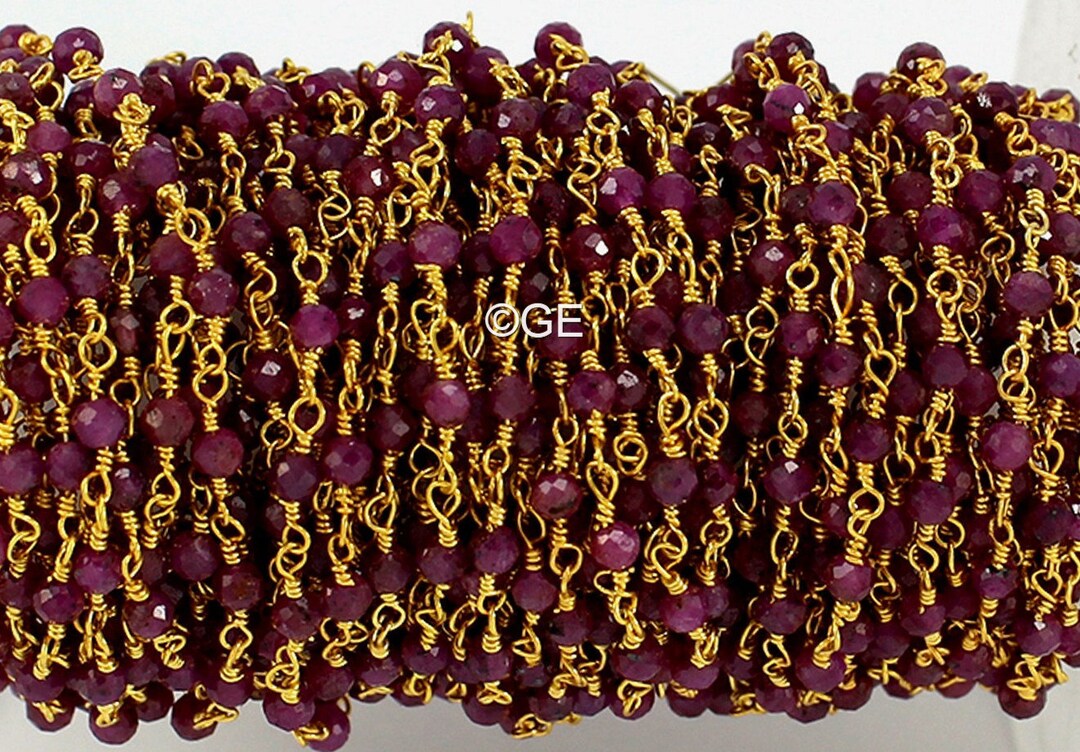 Faceted Ruby Rosary Chain: 2mm Red Ruby, Brass Wire Wrapped - by the ...