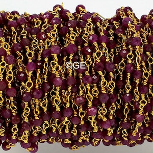 Natural Ruby Rosary Beaded Chains, 2mm Ruby Wire Wrapped Rosary Chains In Brass, Faceted Rosary Chains, Red Ruby Rosary Chains By Feets