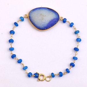 Blue Druzy Beaded Bracelet, 925 Sterling Silver Bracelet, Blue Druzy Beads Chains Bracelets, Boho Statement Bracelet, Druzy Gemstone Jewelry