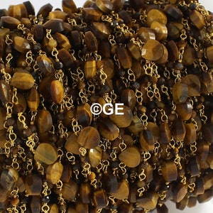 Natural Tiger Eye Rosary Chain, 5-6mm Tiger Eye Wire Wrapped Briolette Rosary, Tiger Eye Gold Plated Gemstone Necklace Chain, Finding Chains