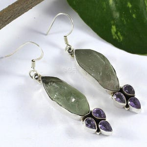Amethyst Prehnite Gemstone Earrings, Solid 925 Sterling Silver, Antique Silver Gift Earring