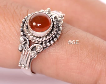 Natural Red Carnelian Ring, 925 Sterling Silver Gemstone Ring, Bohemian Ring, Oxidized Ring, Cabochon Carnelian Ring, Round Shape Carnelian