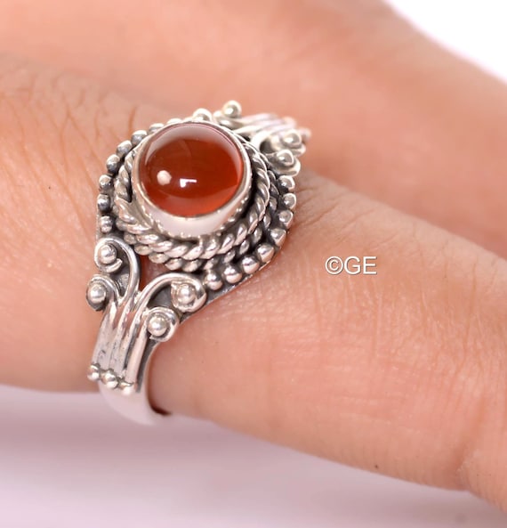 Natural Red Carnelian Ring 925 Sterling Silver Gemstone Ring