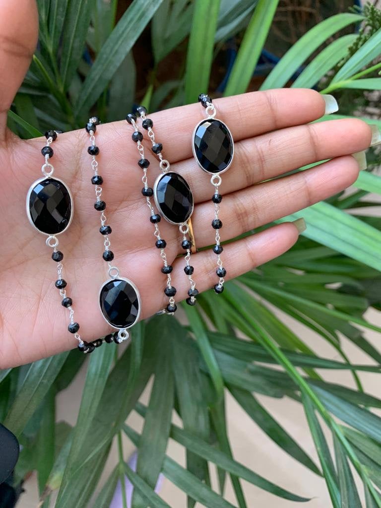 ブラックオニキスロザリオネックレス：ベゼルセット、925