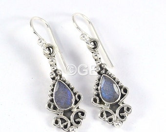 Boucles d'oreilles labradorite, pierre précieuse labradorite à facettes, boucle d'oreille labradorite de feu bleu en argent sterling 925 massif, boucle d'oreille pour femme, cadeau pour elle