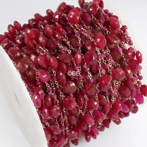 Ruby Wire Wrapped Briolette Rosary Chain, 7-8mm Briolette Rosary Chain, Ruby Gemstone Connector Rosary Chain, Jewelry Finding Chain By Foot